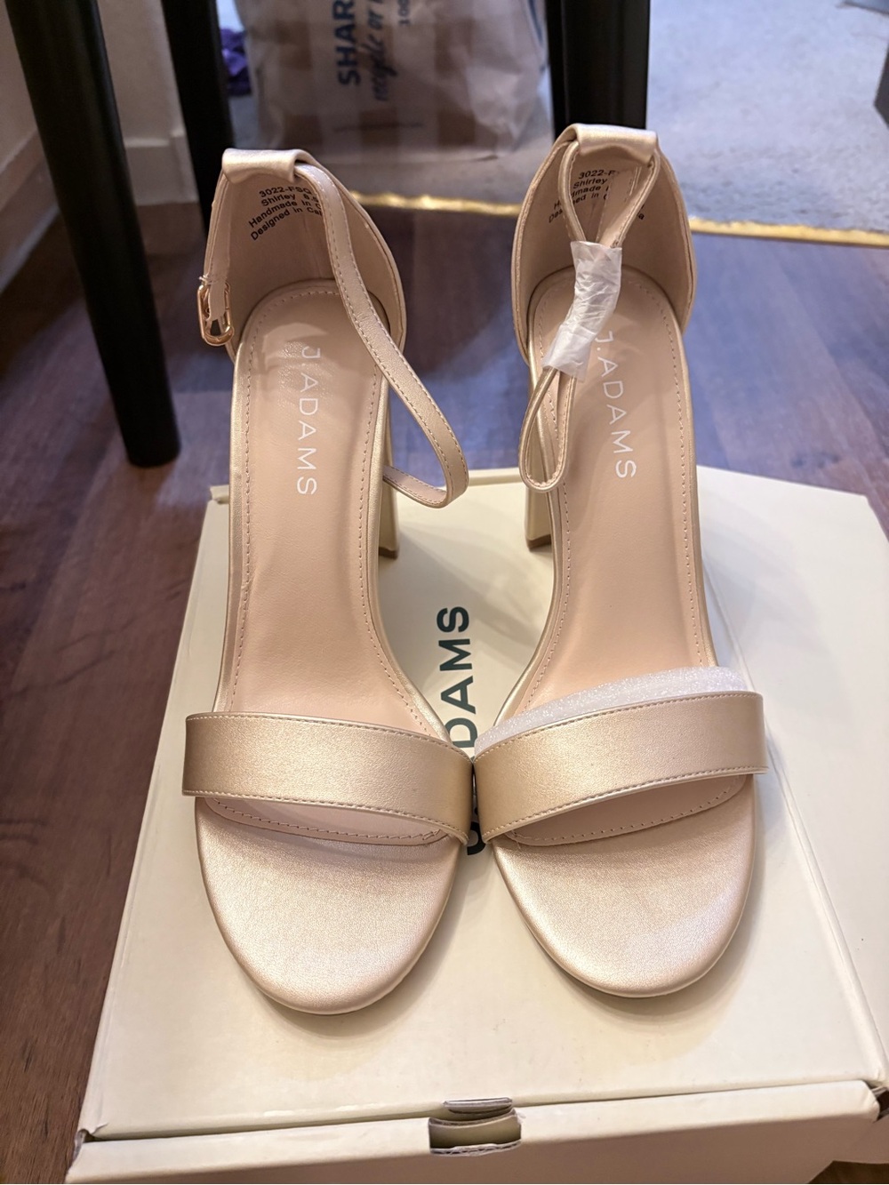 J. Adams Champagne Satin Ankle-Strap Block Heels